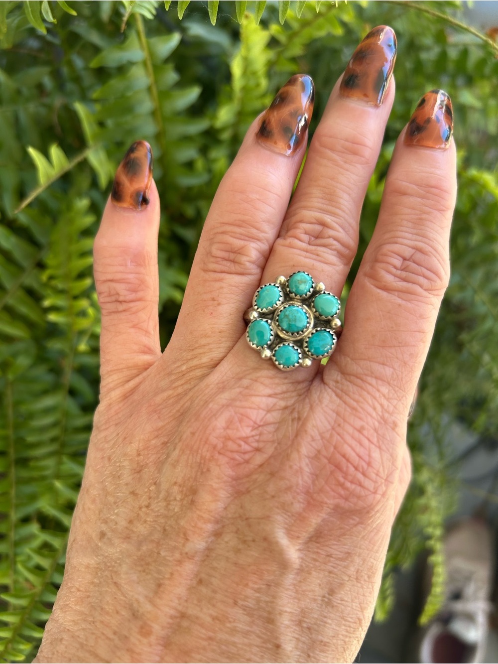Native American Turquoise Cluster Sterling Silver. Statement Ring - Women Jewelr
